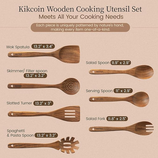 Kikcoin 7 PCS Durable Natural Teak Wooden Cooking Utensils Set, Non Toxic Wooden Spoons for Cooking, Wooden Utensil Set for Cooking with Comfort Grip, Nonstick & Easy to Clean Wood Kitchen Utensil Set