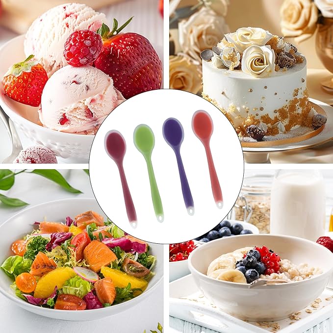 Zorfeter 4 Pcs Small Silicone Spoons, Nonstick Kitchen Spoon Heat Resistant Stirring Serving Spoon for Kitchen Cooking Baking Mixing Tools(Transparent Purple+Orange+Red+Green)
