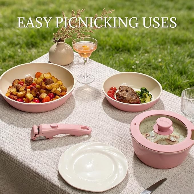 Ceramic Cookware Set Non Stick 8Pcs Pots and Pans Set Removable Handle Induction Kitchen Cookware Set with Frying Pans Oven Safe, Light Pink