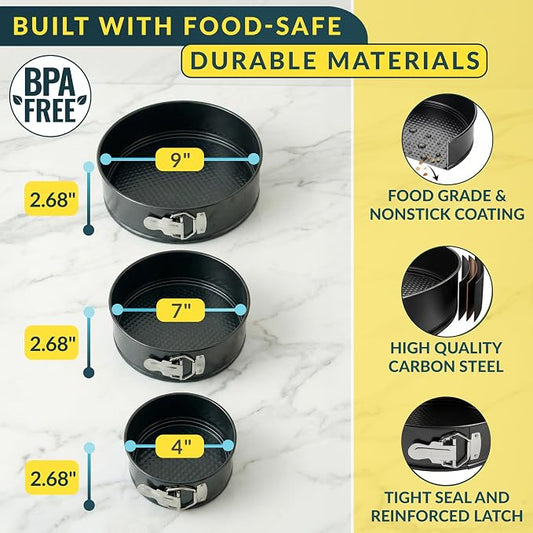 Springform Pan Set of 3 - 4,7,9" Carbon Steel With Removable Bottom โ Leakproof Design, Nonstick Coating Cheesecake Pan โ Durable Cake Mold With Secure Latch, Even Heat Cheese Cake Pans For Baking