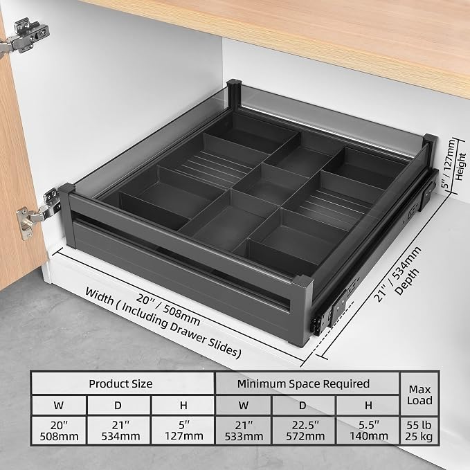 YOHOM Pull Out Cabinet Organizer – 20" W x 21" D Aluminum & Glass Drawer Organizer with Removable Dividers, Heavy Duty Pull Out Shelf for Kitchen Cabinets, Sliding Storage Tray, DIY Single Tier