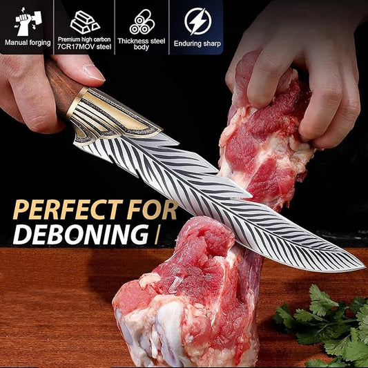 Dream Reach Feather Knife, 6.5" Hand - Forged High Carbon Steel Viking Boning Knife with Sheath, Ideal for Kitchen and Outdoor Activities, Gifts for Men Women