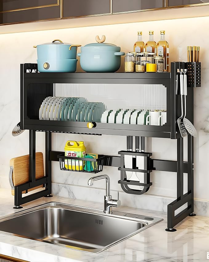 Over the Sink Dish Drying Rack with Cover 2 - Tier Large Dish Drainer Racks for Kitchen Counter Space Saving Sink Storage Organizer for Dishes, Glasses, Bowls & Cutlery Black
