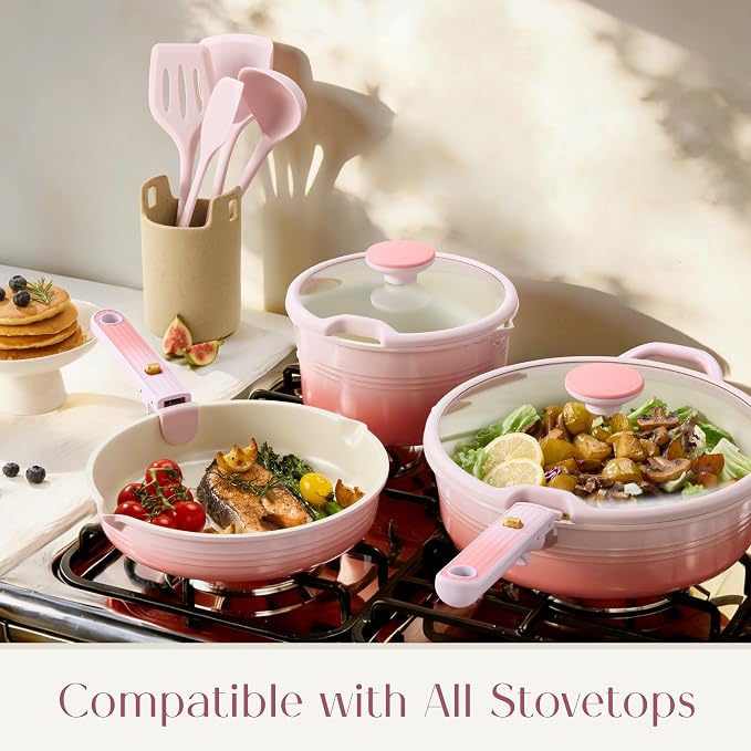 CAROTE 20Pcs Titanium Cookware Set, Pots and Pans Set Non Stick, Kitchen Cooking Set with Detachable Handle, Non Toxic Induction Cookware, Dishwasher/Oven Safe Pink