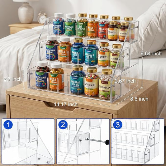 3-Tier Vitamin Storage Organizer, Organizer for Vitamin Bottles And Medicine Bottle Vitamin Bottle Organizer for Countertop, Bathroom Cabinet Storage Items Are Clearly Visible Spice Storage(Large size