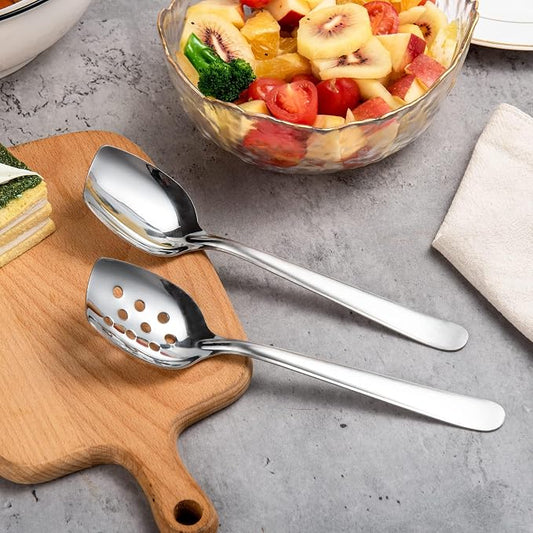 IMEEA 8-Inch Compact Flat Bottom Scraping Cooking Spoon Set of 2, 18/8 Stainless Steel Slotted & Solid Stirring Spoon, Small Kitchen Spoon for Sauces, Eggs, Instant Pot, Small Pan & Bowl