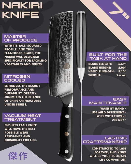 KESSAKU Nakiri Knife - 7 inch - Damascus Dynasty Series - Asian Vegetable Cleaver - Razor Sharp Kitchen Knife - Forged 67-Layer Japanese AUS-10V Stainless Steel - G10 Garolite Handle with Blade Guard