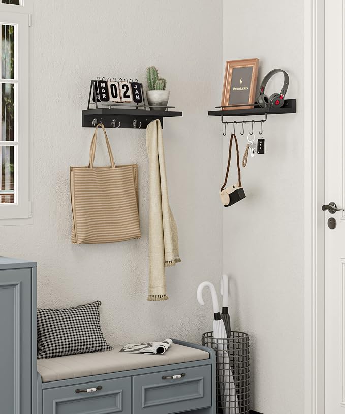 Wood Floating Shelves with Metal Hooks, Wall Mounted Coat Rack with Shelf Set of 2, Bathroom Wall Shelf with Removable Towel Bar, Hanging Shelves with 9 Hooks for Kitchen Entryway Coffee Bar, Black