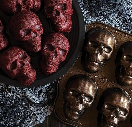 Nordic Ware Halloween Bakeware, Haunted Skull Cakelet Pan, Bronze (Pack of 3)