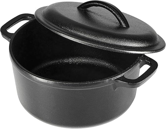 Amazon Basics Pre-Seasoned Cast Iron Mini Dutch Oven Pot with Lid and Dual Handles, Oven Safe, 2-Quart, Round, Black