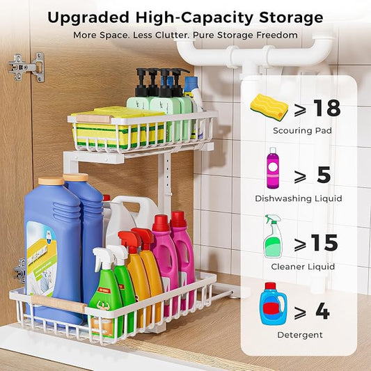Under Sink Organizer,2 Pack Under Kitchen Sink Organizer,2 Tier Sliding-Out,5 Level Height Adjustable,Thickened Carbon Steel,Anti-Rust Treatment,for Kitchen Bathroom Black