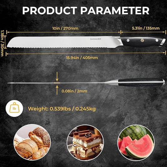 DiiHAUZZ Bread Knife, 10 Inch Serrated Knife for Slicing Homemade Bread, Razor Sharp High Carbon Steel, Professional Bakery Kitchen Knives with Full Tang Ergonomic Handle for Sourdough, Bagel, Cake