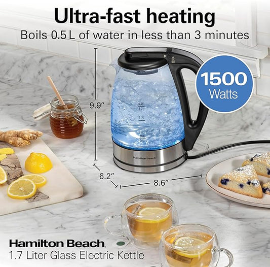 Hamilton Beach 1.7L Electric Kettle, Water Boiler & Heater, LED Indicator, Built-In Mesh Filter, Auto-Shutoff & Boil-Dry Protection, Cordless Serving, Clear Glass (40864)