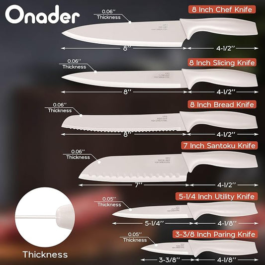 Onader 12 Pieces Khaki Knife Set for Kitchen, Sharp Stainless Steel Cooking Knife Set with Sheath Covers