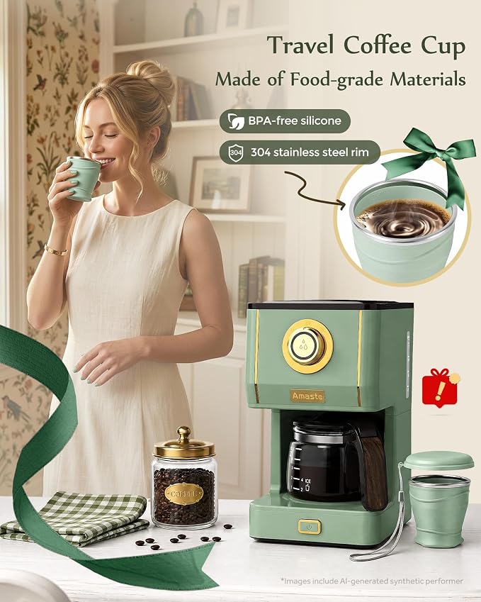 Amaste Drip Coffee Maker, Coffee Machine with 25 Oz Glass Coffee Pot, Retro Style Coffee Maker with Reusable Filter & Three Brewing Modes, Collapsible Silicone Coffee Cup,Warming Plate, Matcha Green