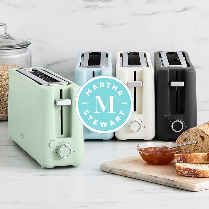 Martha Stewart 2 Slice Long Slot Toaster, Extra Wide for Sourdough & Bagels, 10 Setting Shade Control, Removable Crumb Tray, Self-Centering Design, Defrost/Reheat, Cancel, Slim Space-Saving, Caviar