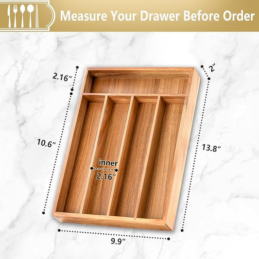 Silverware Organizer, 2 Pack 10 Inch Utensil Organizer Kitchen Drawer Organizer Acacia Silverware Holder Cutlery Tray Organizer in Drawer Flatware Organizer Tray(5 slots, Acacia)