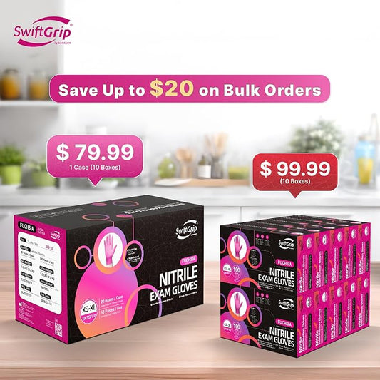 SwiftGrip Powder-Free Nitrile Gloves, 3-mil, Disposable Nitrile Gloves, Latex-Free, Powder-Free - Pink/Fuchsia