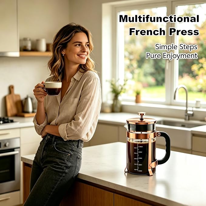 QUQIYSO French Press Coffee Maker, Large French Press with Thick Borosilicate Glass, 304 Stainless Steel Filter, Teapot & Coffee Maker for Home, Office, Party, 51oz, Copper