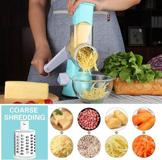 Cambom Rotary Cheese Grater Hand Crank Cheese Shredder for Fresh Cheese, Vegetable, Nuts,Non-slip Suction Base,Three Blades,Blue