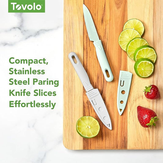 Tovolo Paring Knife Set of 2 Stainless Steel 8 Inch Kitchen Knives with Protective Blade Cover, Sharp Small Comfort Grip Handle Paring Knife Set for Cutting Slicing Dicing, Blue Haze & Oyster Gray