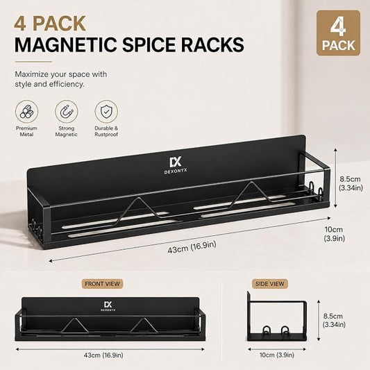 Magnetic Spice Rack for Refrigerator & Oven, 4 Pack XL Heavy Duty Magnetic Shelf for Fridge with Hooks, No Drill Rust Proof Shelves for Washer and Dryer, Sleek fridge magnet organizer