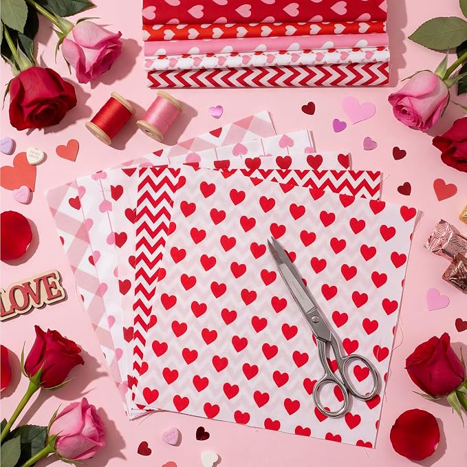 Tatuo 30 Pcs 10 x 10 Inches Valentine Cotton Fabric Bundle Squares Patchwork Pink Heart Fabric Sewing Quilting Bundles Assorted Pattern Cloth for DIY Scrapbook Craft Making