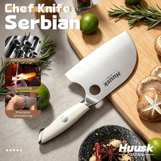 Huusk Professional Serbian Chef Knife, Full Tang Meat Cleaver with Ivory White Ergonomic Handle, Ultra Sharp Kitchen Knife for Vegetables & Meat Butchering Chopping Gift for Women Men