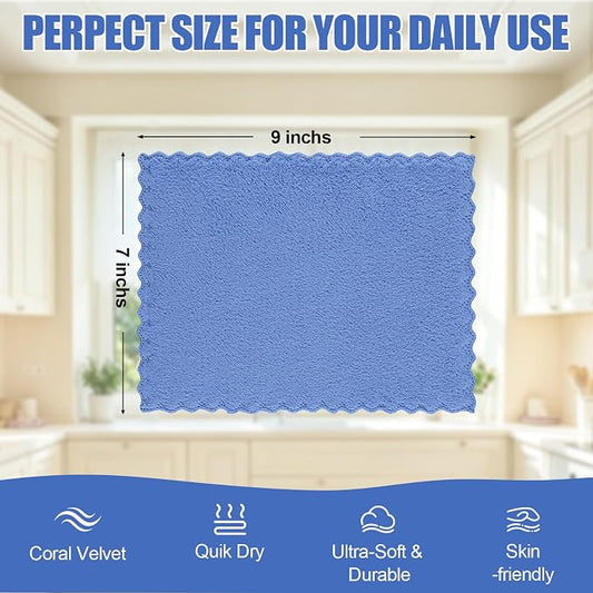 Kitinjoy 24 Pack Kitchen Cloths Dish Towels (7" x 9", Sky Blue), Super Soft and Absorbent Dish Cloths, Nonstick Oil Fast Drying Coral Velvet Microfiber Cleaning