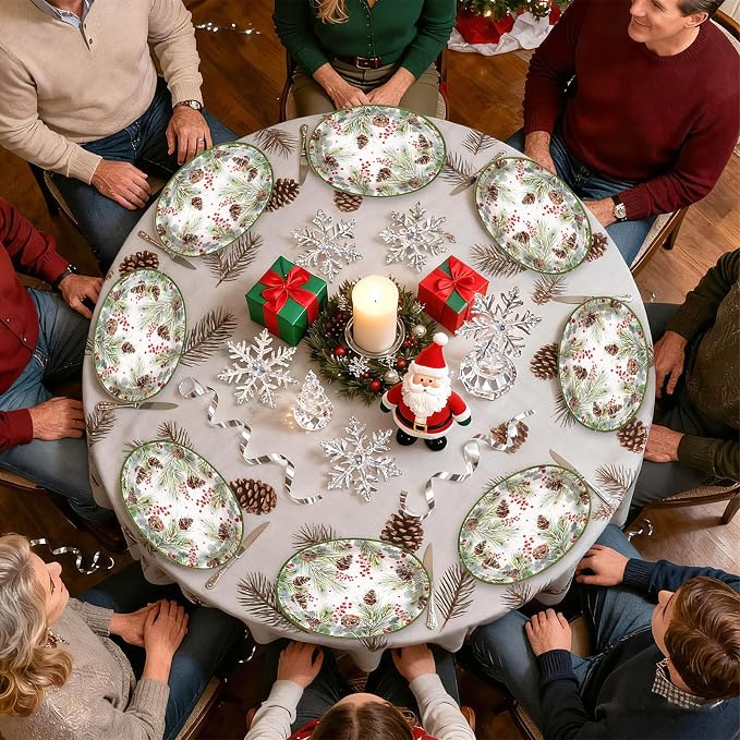 50Pcs Christmas Oval Paper Plates 10" x 12" Large Heavy Duty Watercolor Xmas Pine Cones Disposable Plates Winter Eucalyptus Holly Berry Dessert Platters for Merry Christmas Party Supplies Decor