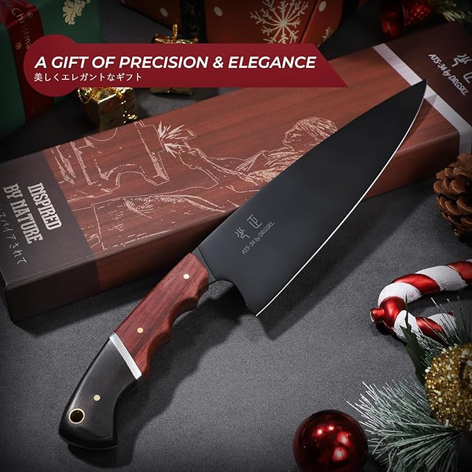 DRGSKL Japanese Chef Knife 8 Inch - Kitchen Knife Forged from a Single Piece of High Carbon ATS-34 Steel, Full-Tang Cooking Knife with Walnut Handle for Meat and Vegetables, Ideal Gift