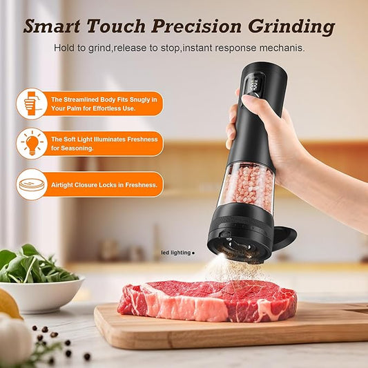 Electric Salt and Pepper Grinder Set, Automatic Refillable Salt and Pepper Shakers 2-Speed Setting with LED Light and 5 Adjustable Coarseness,Practical and Convenient Kitchen Gadgets(Black)