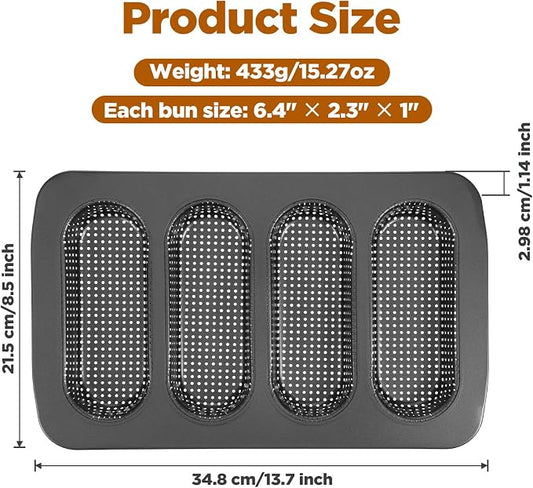 2 Pcs Hot Dog Bun Pan, 4 Cavity Perforated Carbon Steel Bread Loaf Pan, Nonstick & Heat Resistant for Homemade Buns, Mini Baguettes & Sandwich Baking, Bun Rolls, Dishwasher Safe (PFOA-FREE)
