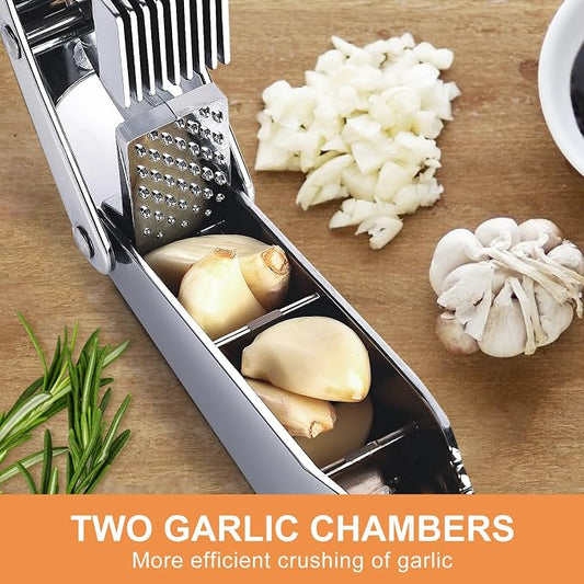 Garlic Press and Slicer 2 in 1, Heavy Duty Garlic Mincer, Crusher & Peeler Set - Perfect for Home Cooks and Professional Chefs Alike