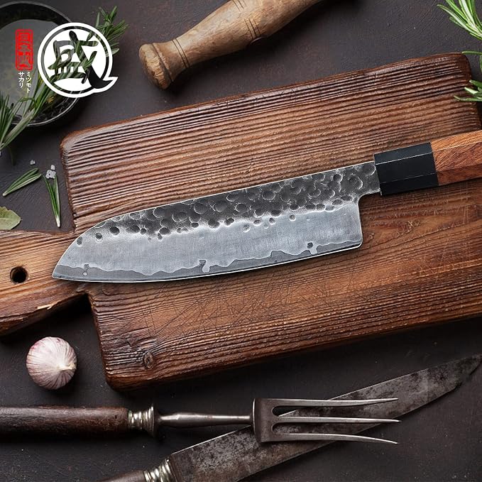 MITSUMOTO SAKARI 7-Inch Japanese Santoku Knife | Wide Santoku blade, 7-inch control, hand forged 3-layer 9Cr18MoV steel, rosewood handle
