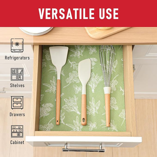 Cooyes Shelf Liner for Refrigerator & Drawer, Non-Adhesive Cabinets Liner for Kitchen Cupboard & Fridge, Breathable Cloth Material, Vegetable-Patterned, 6 Pack 12โ ร 24โ, Sage Green