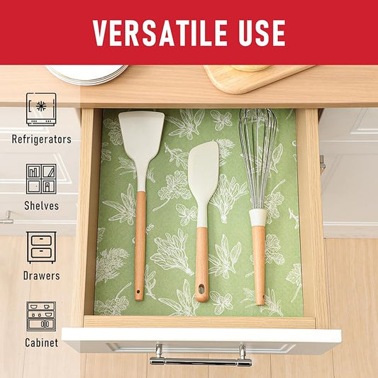 Cooyes Shelf Liner for Refrigerator & Drawer, Non-Adhesive Cabinets Liner for Kitchen Cupboard & Fridge, Breathable Cloth Material, Vegetable-Patterned, 12" x 360", Sage Green