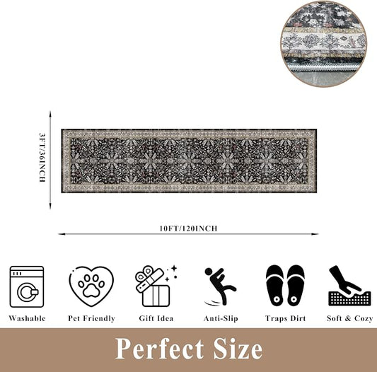 3x12 ft Long Hallway Runner Rug - Non-Slip Washable Soft Kitchen Rug with Rubber Backing,Boho Floral Low Pile Floor Carpet Runner for Entryway,Bedroom,Living Room(Black,3x12)