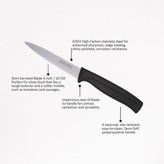 Kitchen Knife Set - MATTSTONE HILL Paring Knife Set, 4 Inch Serrated Utility Knife, Vegetable Knife Set, Slim Blade, Premium Stainless Steel, Semi Soft Handle, Black