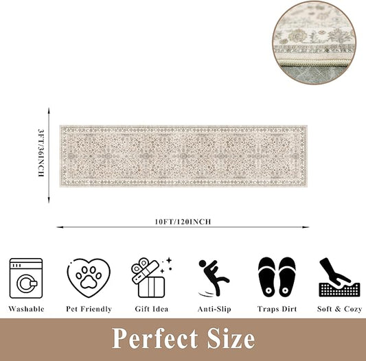 3x12 ft Long Kitchen Runner Rug - Non-Slip Washable Hallway Rug with Rubber Backing,Boho Floral Soft Low Pile Floor Carpet Runner for Entryway,Bedroom,Living Room(Beige,3x12)