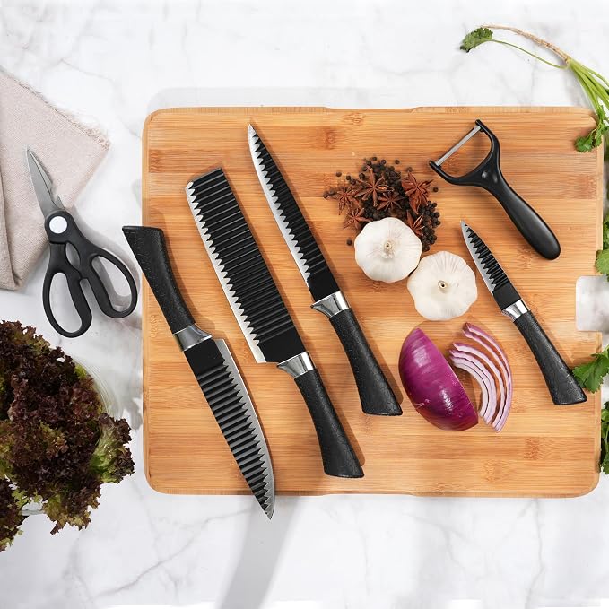 TJ POP 6-Piece Kitchen Knife Set, Non-Stick Coated Wavy-Grained Stainless Steel Blades, Non-Slip Ergonomic Handle, Lightweight Rustproof Sharp Chef's Knives for Home Cooking Restaurant Camping, Black