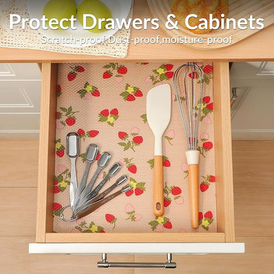 Cooyes Shelf Liner for Kitchen Cabinets, Premium Non-Adhesive EVA Mats for Drawers, Shelves, Refrigerator, Pantry Storage, Bathroom Closet, Fridge (11.8" W x 360" L, Red Strawberry)