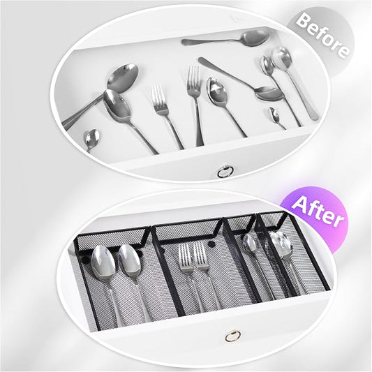 Mesh Tray Silverware Drawer Organizer, Utensil Cutlery Tray Office Supplies with Interlocking Arm Drawer Dividers Organizer for Flatware, Knives,Home,Office, School,Bedroom 9X6๏ผBlack