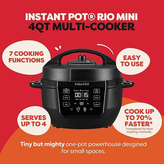 Instant Pot 4QT RIO Mini 7-in-1 Multi-Cooker, Pressure Cooker, Slow cook, Sauté, Steam, Rice Maker, Yogurt, & Warmer, Black, 4 Quarts