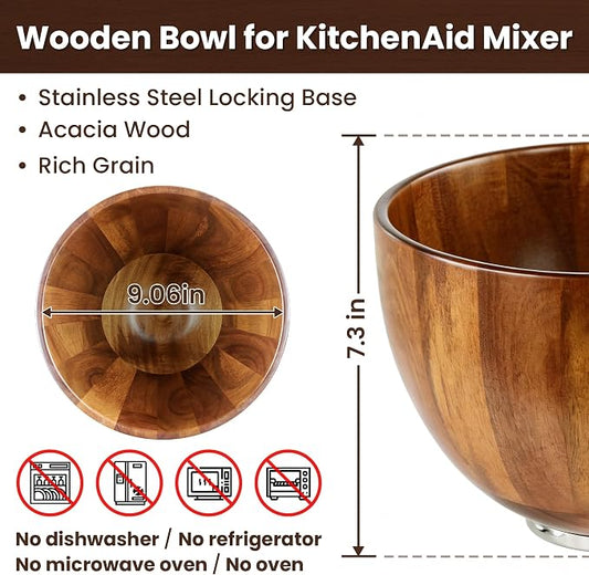 KITOART Premium Wood Mixing Bowl - Compatible with KitchenAid 4.5 & 5 QT Stand Mixers - Natural True Walnut Wooden Bowl with Stainless Steel Locking Base