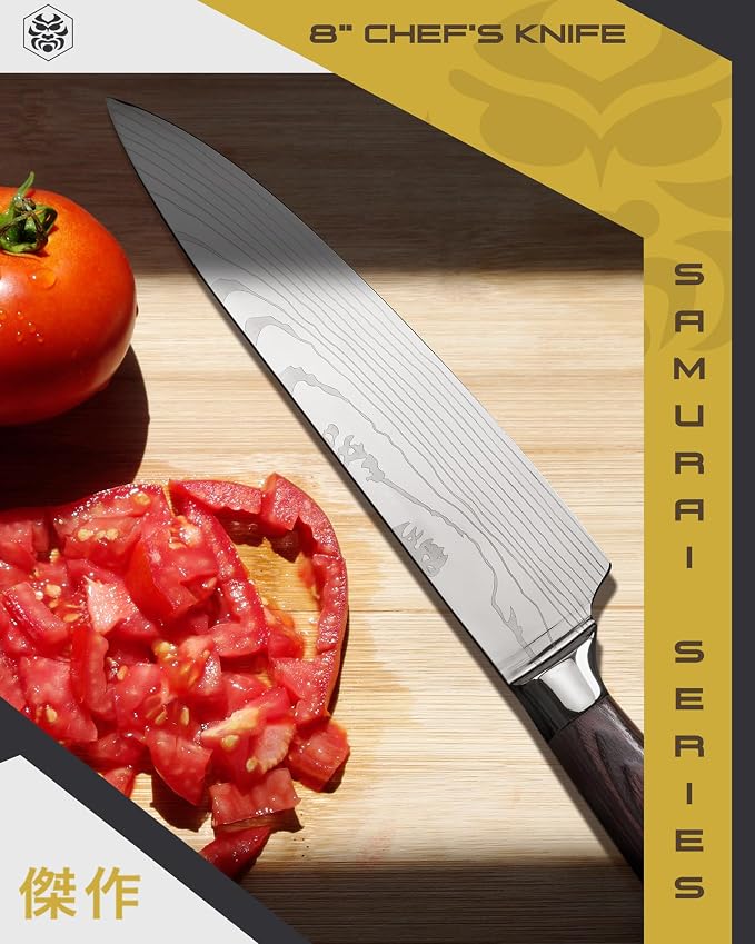 KESSAKU Chef Knife - 8 inch - Samurai Series - Razor Sharp Kitchen Knife - Forged 7Cr17MoV High Carbon Stainless Steel - Wood Handle with Blade Guard