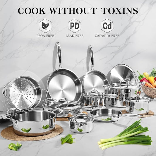 EWFEN Stainless Steel Cookware Set, 3 Ply 17 Piece Stainless Steel Pot and Pan Set, Oven Dishwasher Safe | Induction Compatible Frying Pans, Saucepans, Saute Pan & Stock Pot, PFOA, PTFE & PFOS Free