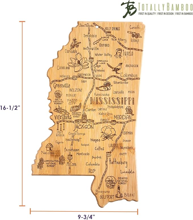 Totally Bamboo Destination Mississippi State Shaped Serving and Cutting Board, Includes Hang Tie for Wall Display