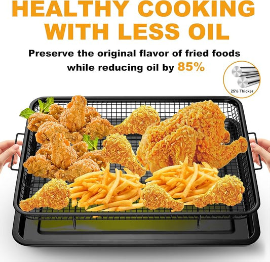 DONGULI Air Fryer Basket Oven - 2 Set Large Air Fryer Basket and Tray Stainless Steel Oven Air Fryer Rack Pan Accessories for Baking (L-2 Pack-Black-15.7"x11.8")