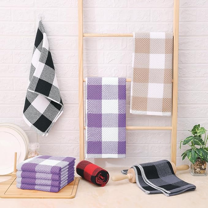 Homaxy 100% Cotton Waffle Weave Check Plaid Kitchen Towels, 13 x 28 Inches, Super Soft and Absorbent Dish Towels for Drying Dishes, 4-Pack, White & Purple